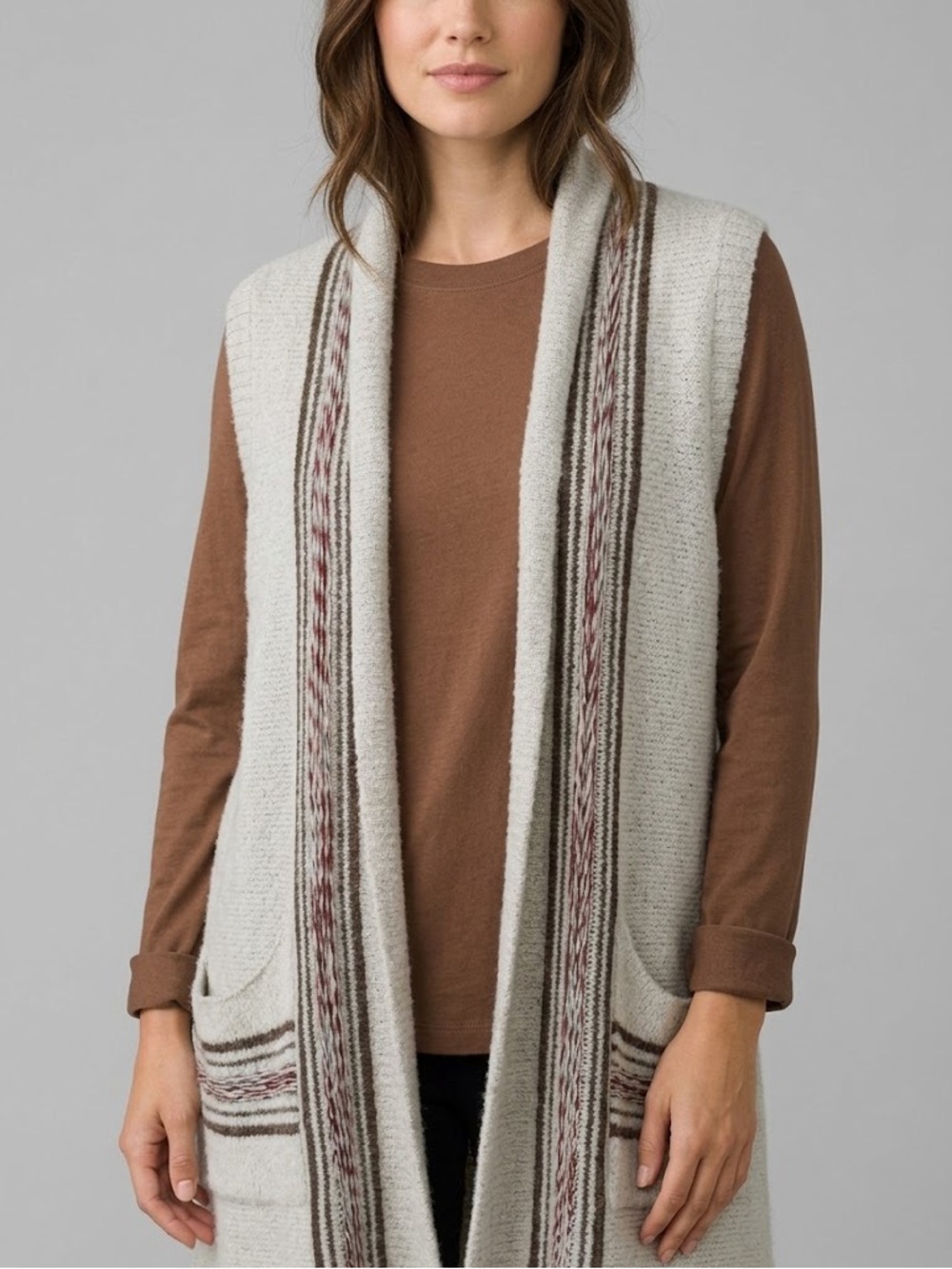 Simply Noelle - Open-Front Grey Knit Sweater Vest with Stripe Trim